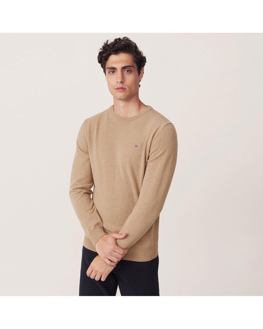 Erkek Bej Fine Lambswool Crew Triko