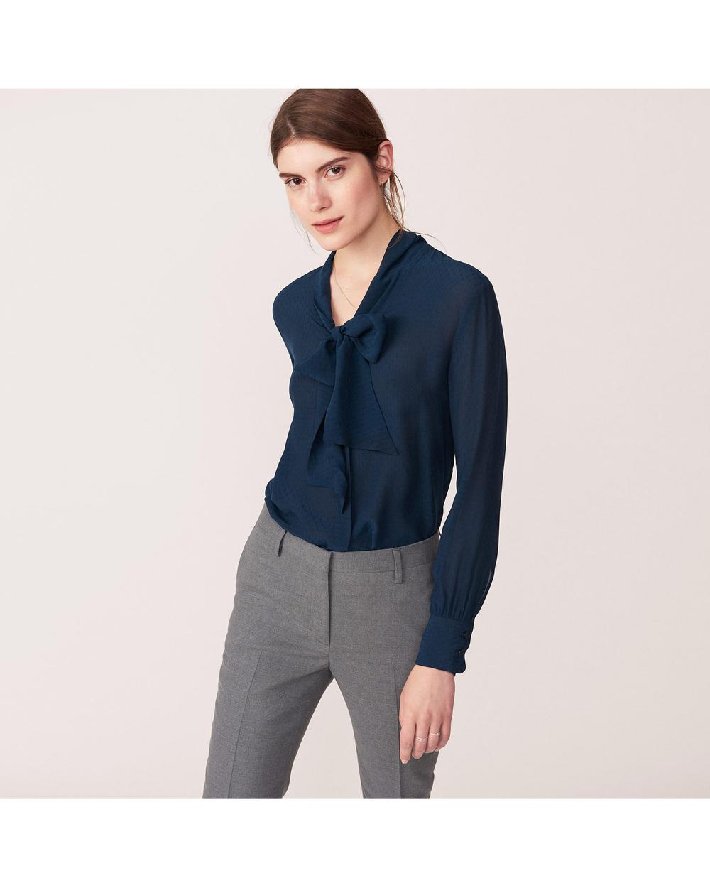 Kadın Lacivert Dobby Bow Blouse Gömlek