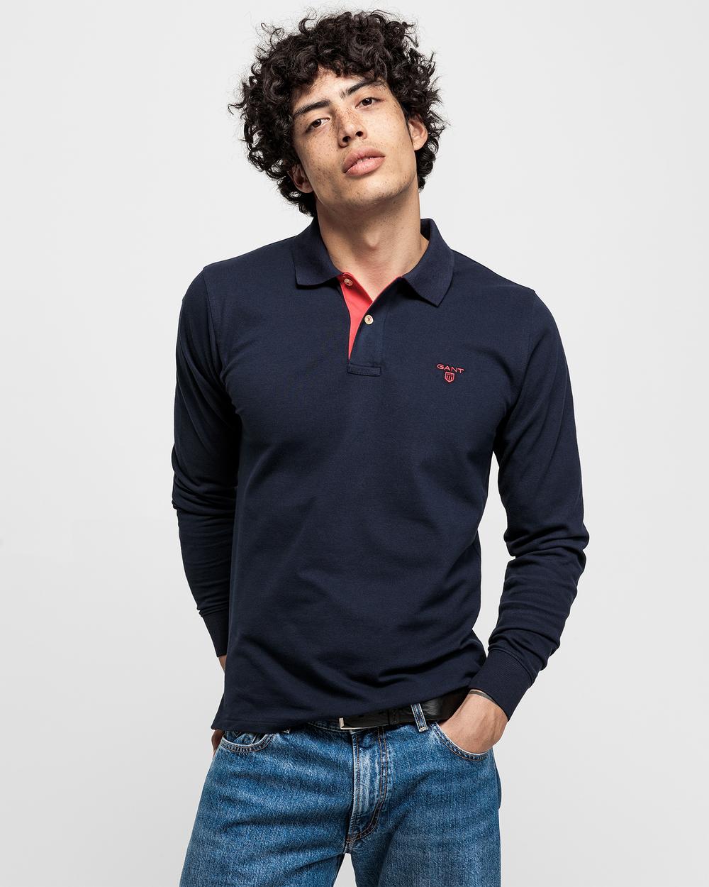 GANT Erkek Lacivert Original Piqué Rugger Uzun Kollu Polo Sweatshirt