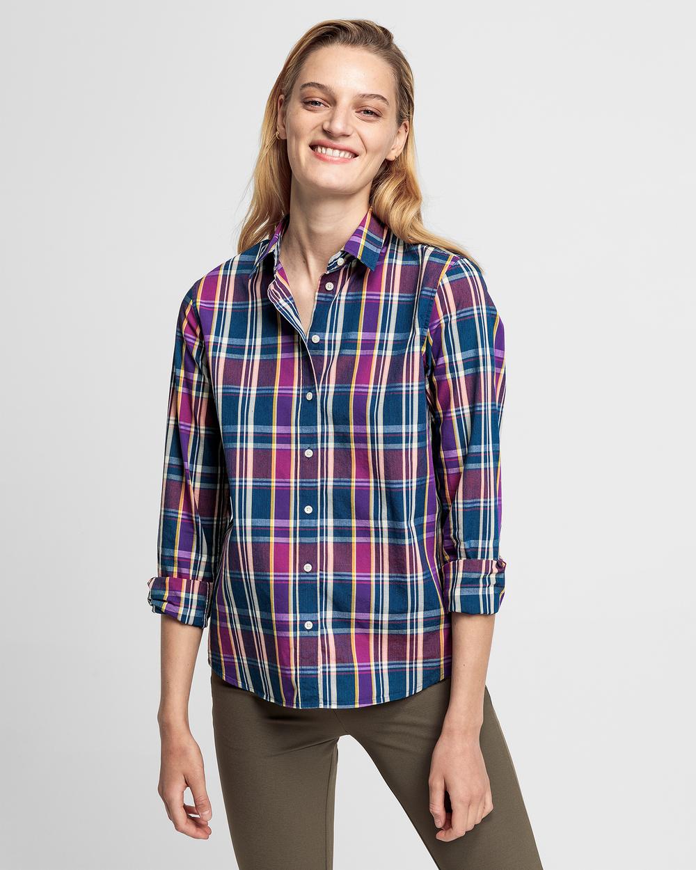 GANT Kadın Lacivert Kareli Relaxed Fit Gömlek