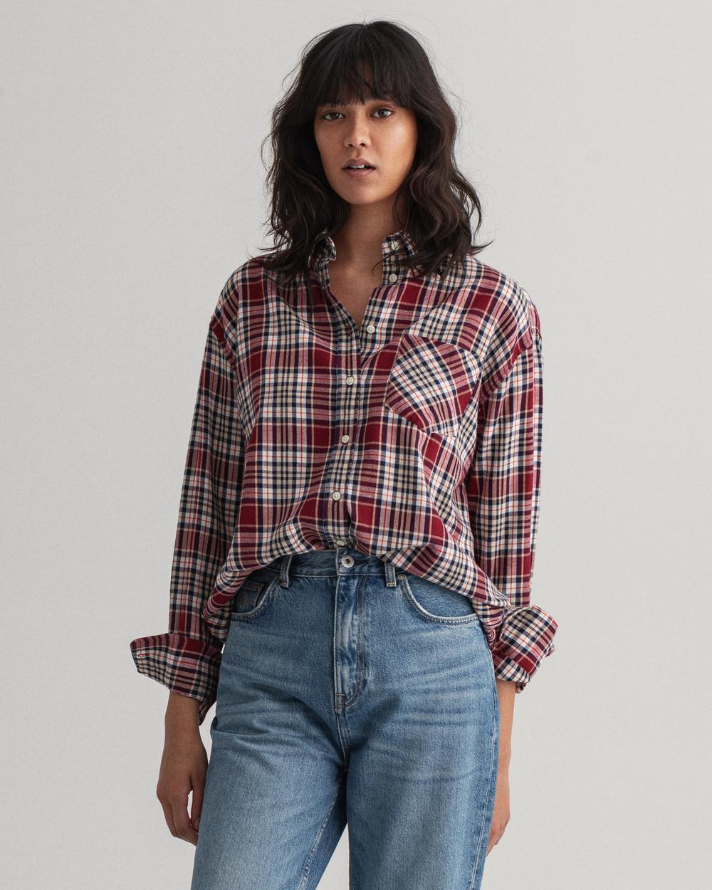 GANT Kadın Bordo Kareli Relaxed Fit Gömlek