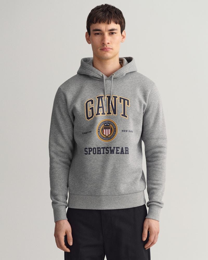 Gant Erkek Gri Relaxed Fit Kapüşonlu Logolu Sweatshirt