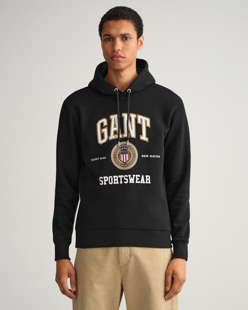 Gant Erkek Siyah Relaxed Fit Kapüşonlu Logolu Sweatshirt