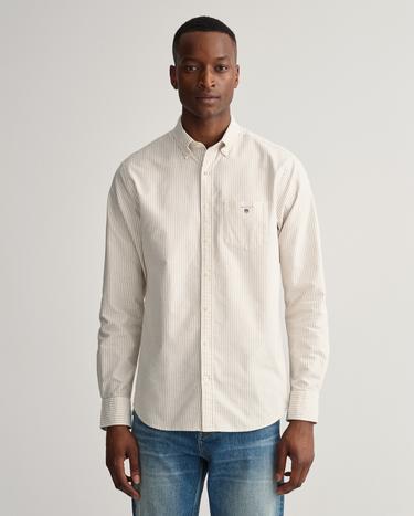 Gant Erkek Bej Regular Fit Düğmeli Yaka Çizgili Gömlek