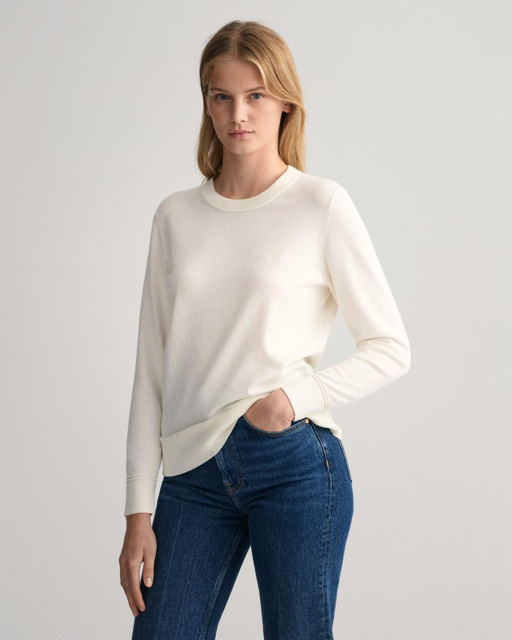 GANT Kadın Beyaz Regular Fit Bisiklet Yaka Kazak