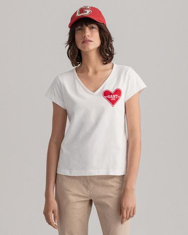 GANT Kadın Beyaz V Yaka Logolu T-shirt