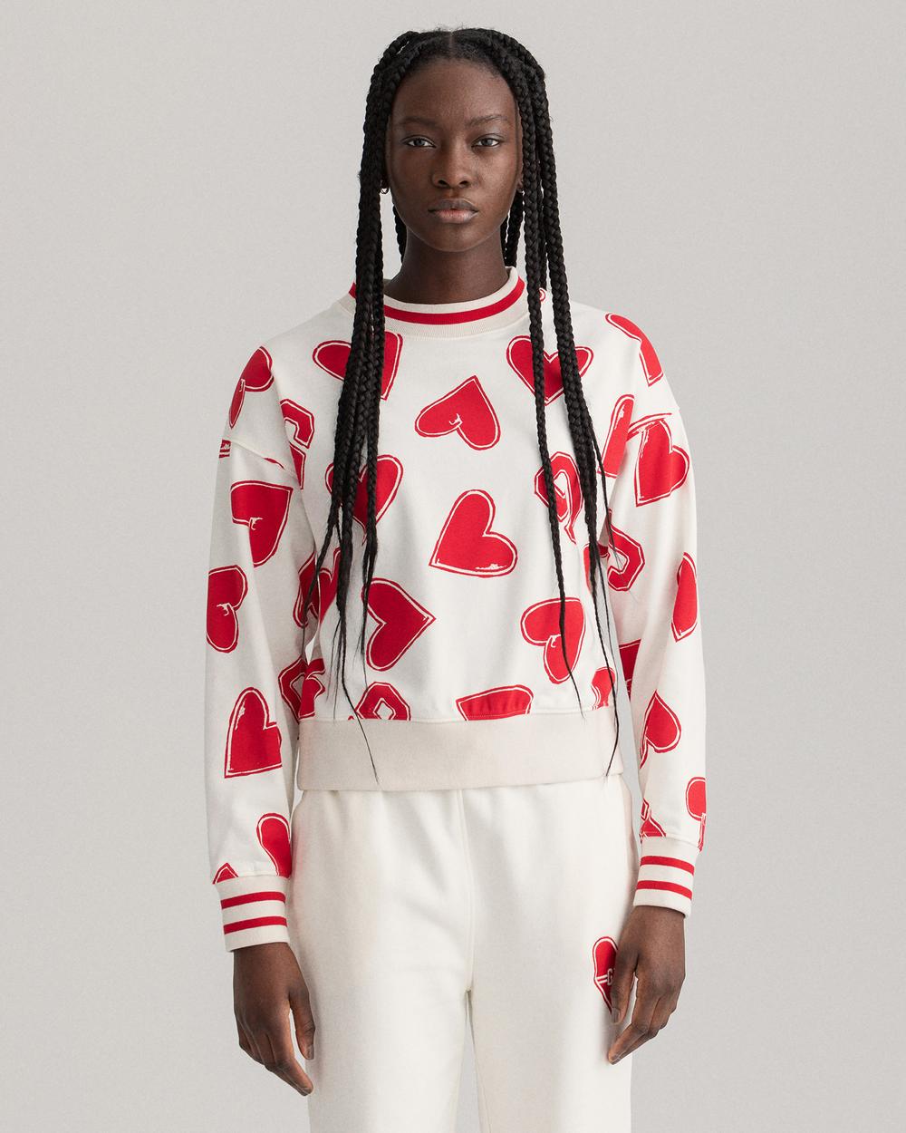 GANT Kadın Beyaz Relaxed Fit Bisiklet yaka Desenli Sweatshirt
