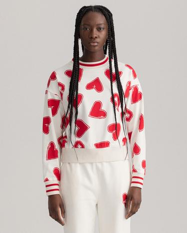 GANT Kadın Beyaz Relaxed Fit Bisiklet yaka Desenli Sweatshirt