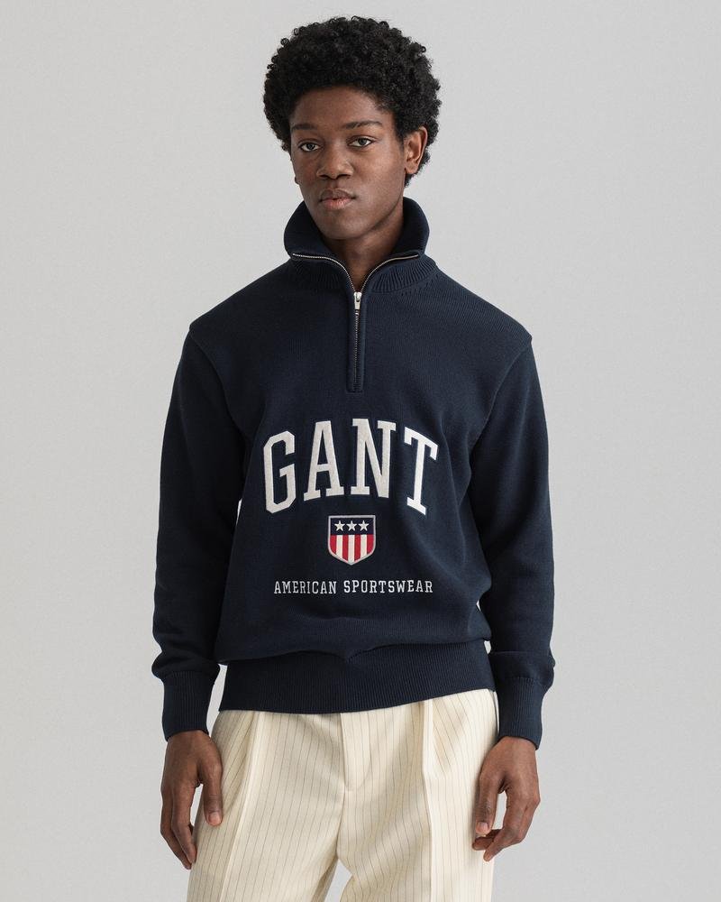 Gant Erkek Lacivert Relaxed Fit Yarım Fermuarlı Logolu Sweatshirt