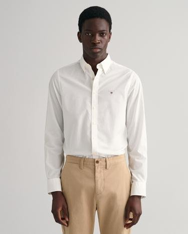 GANT Erkek Beyaz Slim Fit Düğmeli Yaka  Broadcloth Gömlek