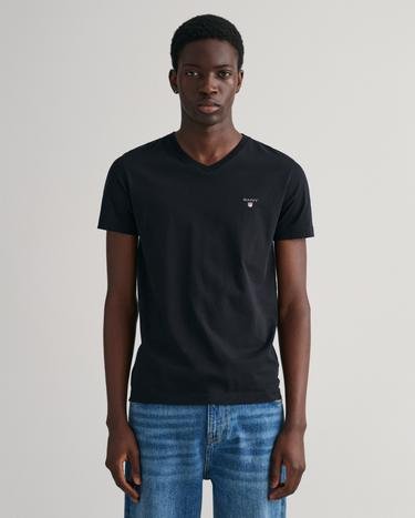 GANT Erkek Siyah Slim Fit V Yaka T-shirt