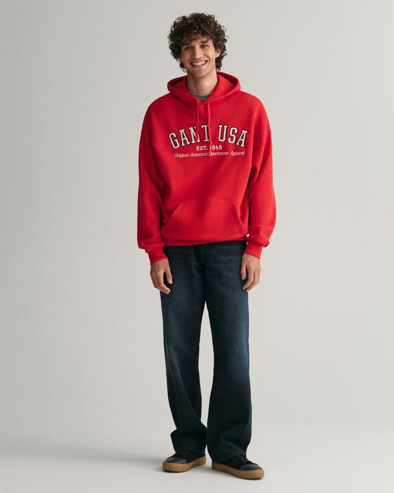 GANT Erkek Kırmızı Relaxed Fit Kapüşonlu Logolu Sweatshirt
