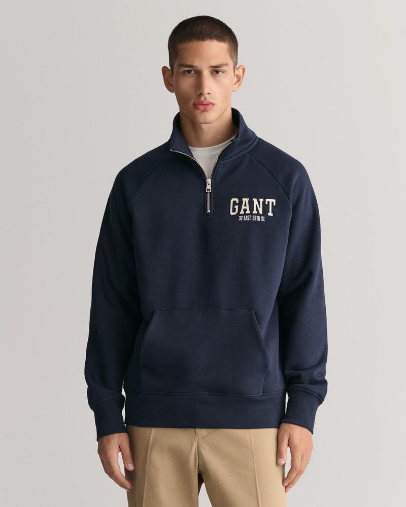 GANT Erkek Lacivert Regular Fit Yarım Fermuarlı Logolu Sweatshirt
