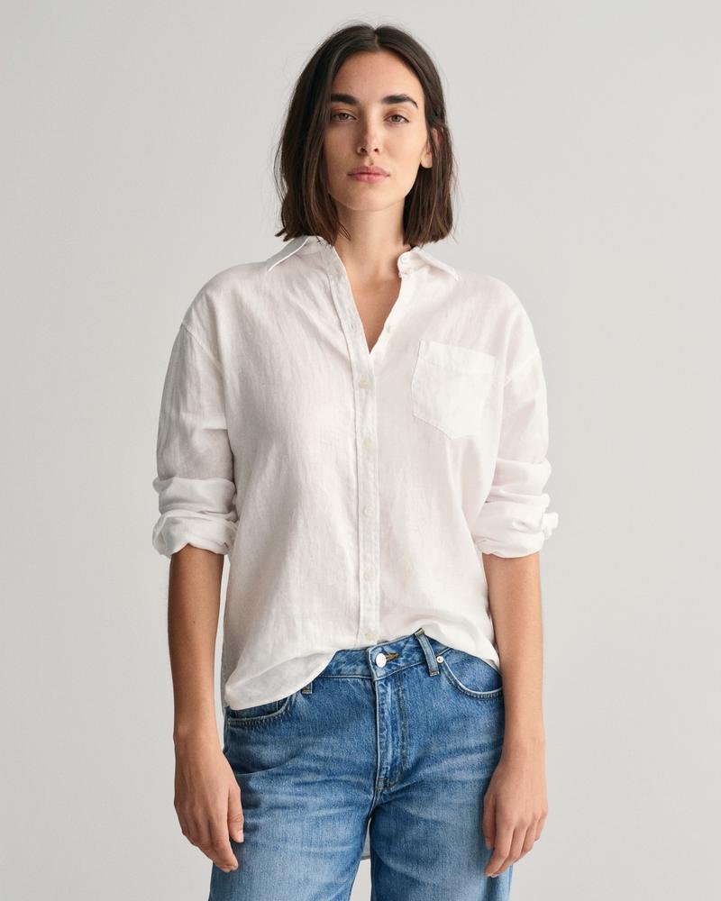 GANT Kadın Beyaz Relaxed Fit Klasik Yaka Keten Gömlek