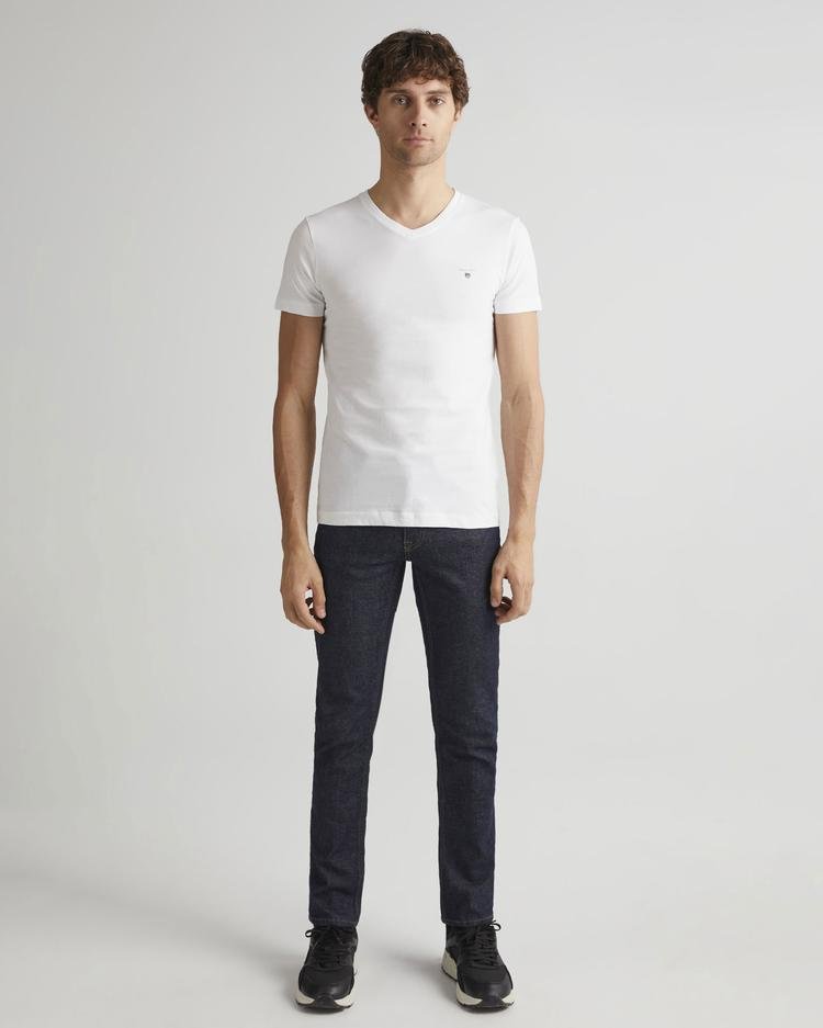 GANT Erkek Beyaz Slim Fit V Yaka T-shirt