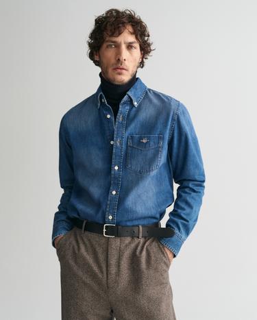 GANT Erkek Mavi Regular Fit Düğmeli Yaka Denim Gömlek