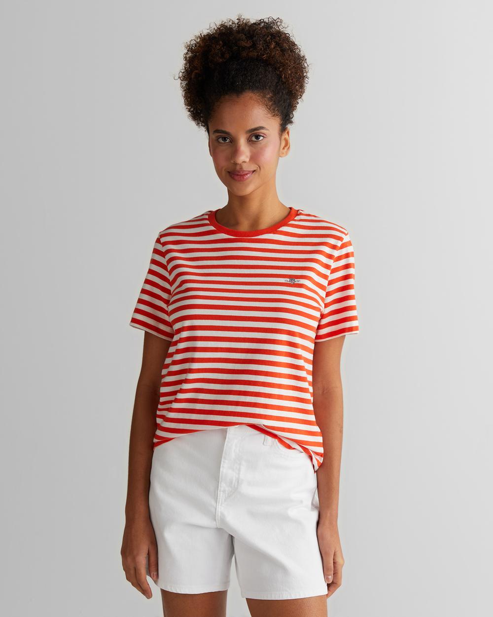 GANT Kadın Turuncu Regular Fit Bisiklet Yaka Çizgili T-Shirt